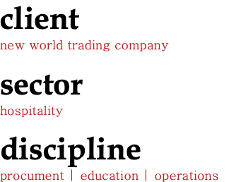 client new world trading company sector hospitality discipline procument | education | operations